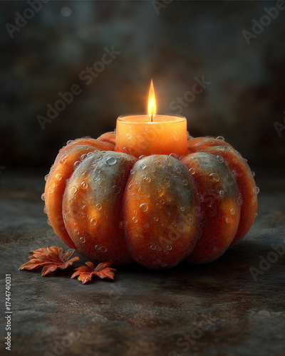 Autumnal Candlelit: A meticulously crafted orange pumpkin, adorned with delicate water droplets, cradles a warmly lit candle, exuding a sense of cozy ambiance and seasonal charm.