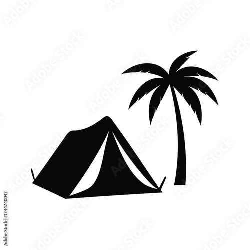 A minimalist black and white image depicting camping on a tropical island, camping tent near palm tree silhouette vector illustration