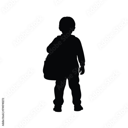 Silhouette of a young child with a bag on white background, child with backpack silhouette vector illustration