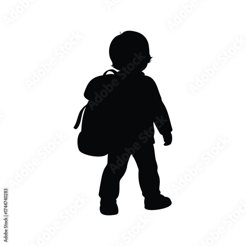 Silhouette of a young child with a backpack heading to school, child with backpack silhouette vector illustration