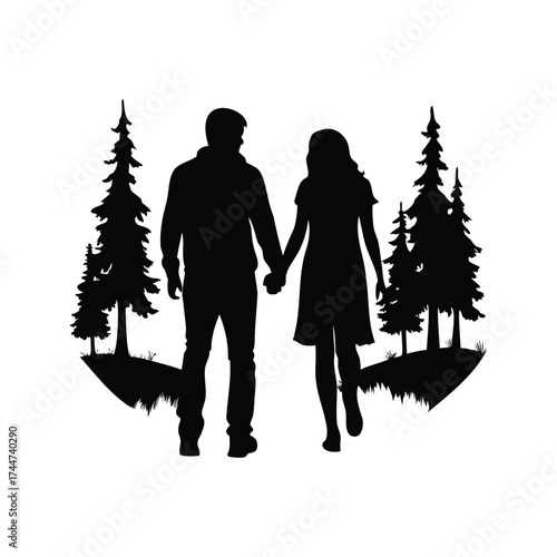 Romantic Silhouette of a Couple Holding Hands in a Forest Landscape, couple walking through forest silhouette vector illustration