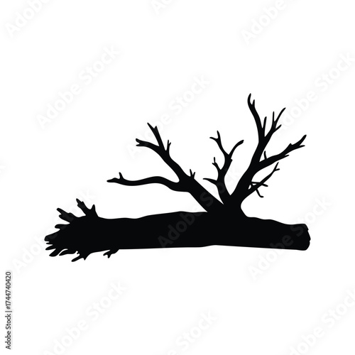 Black silhouette of a fallen tree with bare branches against white background, dead branch on forest floor silhouette vector illustration