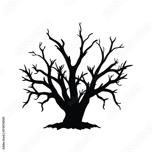 Bare Tree Silhouette on a White Background Depicting Winter or Halloween, dead branch cluster silhouette vector illustration