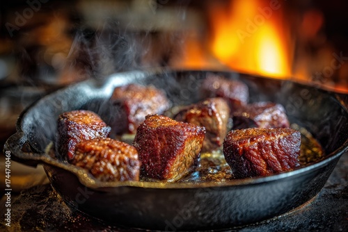 Deliciously Seared Beef Cubes in Cast Iron Skillet with Flames