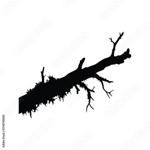 A fallen tree branch covered in moss and small twigs in silhouette, dead branch with moss silhouette vector illustration