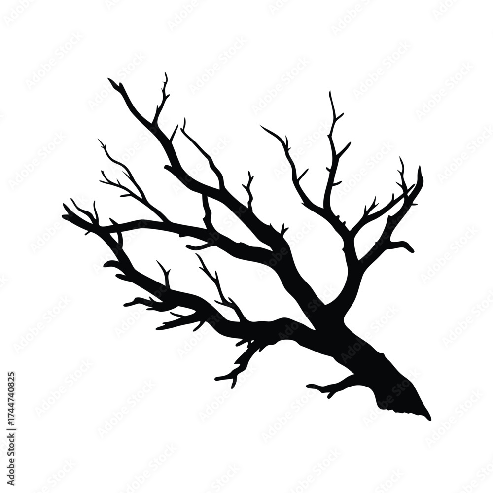 Fototapeta premium Silhouette of a bare tree with many branches against a white background, dead bush branch silhouette vector illustration