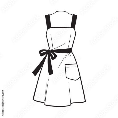 Apron Dress Silhouette with Pocket, Waist Sash, and Flared Skirt.