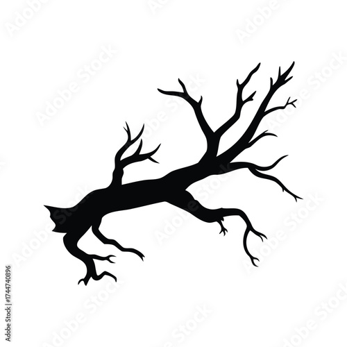 A Fallen Tree Limb Silhouette Against White Background Conveying Winter or Halloween, dead gnarled branch silhouette vector illustration