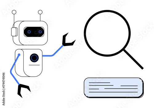 Robot with antennae and robotic arms examining text through a magnifying glass, symbolizing analysis, research, automation, and intelligence. Ideal for technology, AI, data science, efficiency