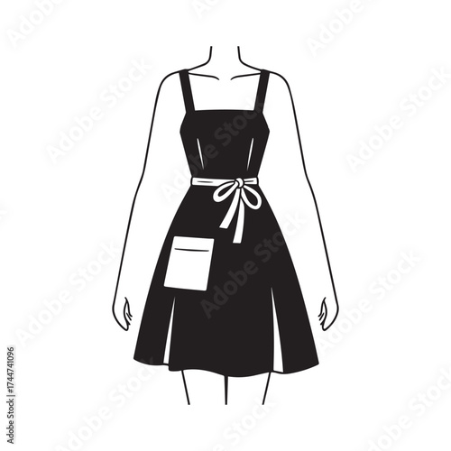 Apron Dress Silhouette with Pocket, Waist Sash, and Flared Skirt.