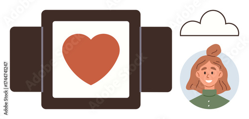 Heart displayed on a digital screen, smiling woman avatar, and cloud element. Ideal for themes thumbs up love, connection, emotion, technology, digital communication, social media simple flat