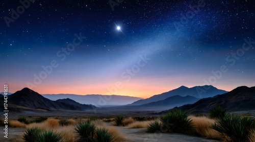 Desert mountains under dark night sky with milky way
