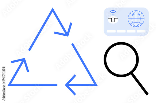 Recycling arrows triangle alongside digital network chip and globe icon. Linked to magnifying glass for analysis. Ideal for sustainability, technology, innovation, eco-design, research, science