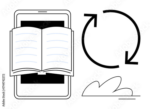 Open book displayed over tablet screen, circular arrows representing knowledge sharing, and abstract cloud shape. Ideal for education, e-learning, digital learning, knowledge sharing, technology