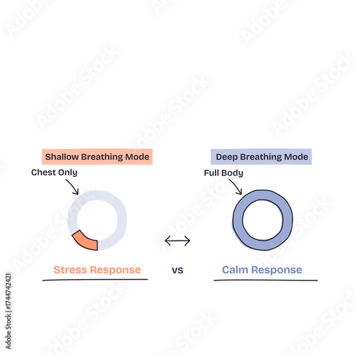 Breathing techniques comparison shows shallow vs deep breathing with stress and calm response, highlighting chest and full body breathing, transparent background. Doodle style diagram