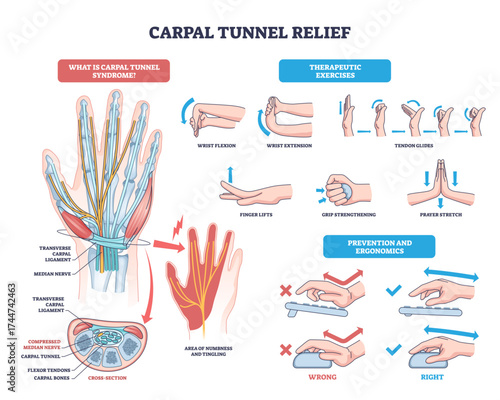 Carpal tunnel relief is shown with an outline diagram of the hand, wrist, and exercises for pain relief, highlighting nerves and ergonomic tips, transparent background.
