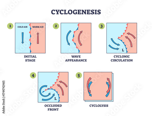 Cyclogenesis shows the formation of cyclones, highlighting cold and warm air fronts, wave patterns, and circulation, transparent background.