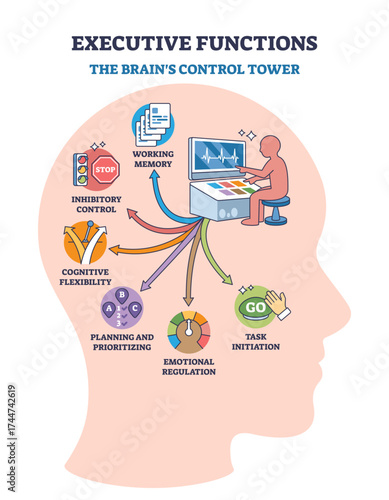 Executive functions overview shows a brain outline with icons for working memory, inhibitory control, and planning, transparent background.