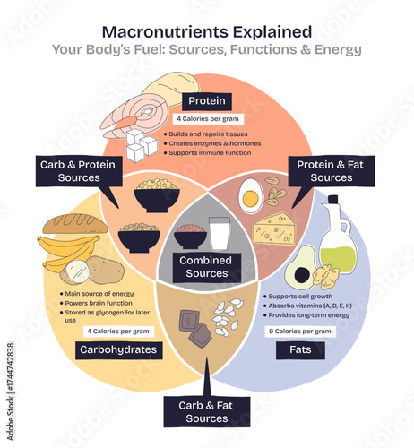 Macronutrients are shown as protein, carbohydrates, and fats with food icons and benefits in a clear doodle style diagram, transparent background. Doodle style diagram