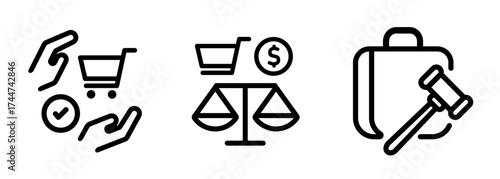 ethical principles in e-commerce and online shopping icon graphic representing fair trade consumer protection and legal compliance in commerce features shopping cart scale gavel