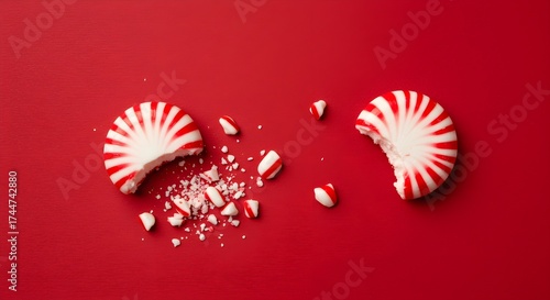 Overhead view of broken peppermint candies on a red background