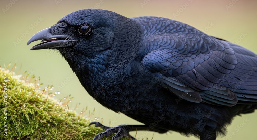 Obraz premium A black bird perched on a mossy branch with a blurred green background.