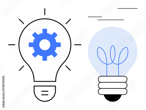 Lightbulb with a blue gear and glowing lines beside a bulb with plants inside. Ideal for innovation, eco-friendliness, technology, sustainability, energy efficiency, environment, teamwork. Simple
