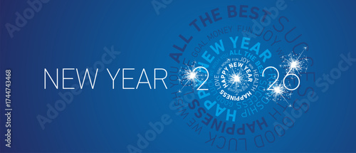 New Year 2026 modern circle word cloud text with sparkle firework white blue greeting card