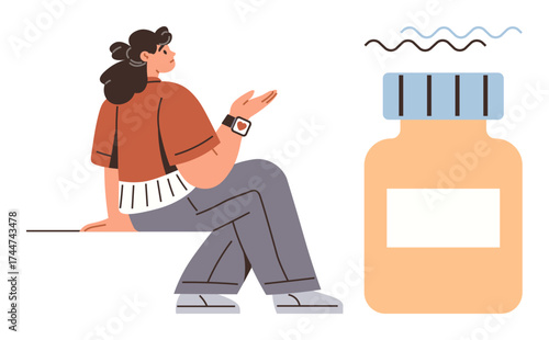 Woman sitting casually, gesturing as she observes a large pill bottle with scent lines. Ideal for health, wellness, pharmaceuticals, lifestyle, medication, awareness and consultation concepts. A