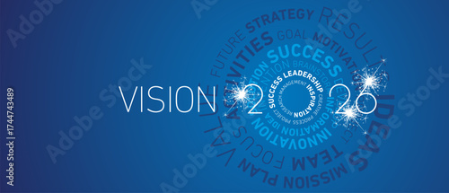Vision 2026 New Year abstract wheel circle word cloud text white and blue shining bold light typography blue greeting card banner