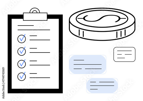 Checklist on clipboard marked with blue checkmarks, coin representing value, and text boxes. Ideal for productivity, financial planning, organization, goal tracking, business, evaluation simple flat