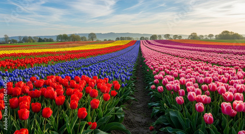 Wallpaper Mural Vibrant rows of tulips in full bloom create a colorful tapestry across a field in the netherlands under a clear blue sky, showcasing the beauty of spring Torontodigital.ca