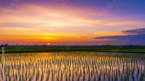 Golden sunset reflecting on a serene rice paddy field, creating a picturesque landscape that captures the beauty and tranquility of rural agriculture