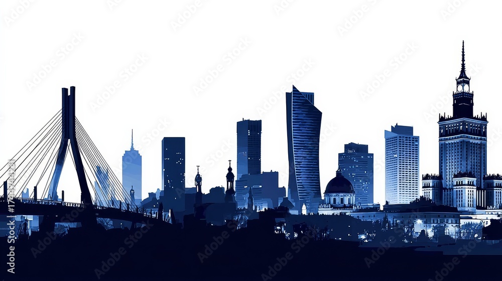 Fototapeta premium Captivating skyline imagery showcasing Warsaw's architectural beauty in silhouette form.