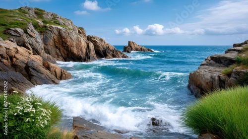 Waves crashing on rugged atlantic rocky shore