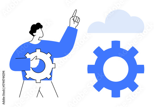 Person holding gear gestures upwards toward a cloud, symbolizing cloud technology, innovation, teamwork, and problem-solving. Ideal for technology, software, cloud services, teamwork IT solutions
