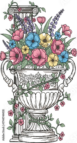 Vector art of vintage urn with colorful flowers and greenery