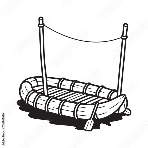  Simple Raft Line with Wooden Logs and Rope Details.