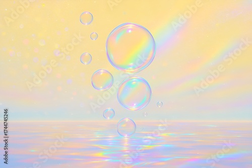 Flowing Bubbles rising from Water Puddle, Pastel Yellow with Shining Rainbow