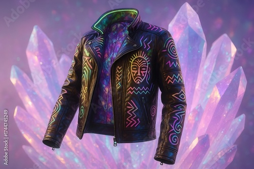Mockup of Long Sleeve Leather Jacket with Tribal Style Pattern in Rainbow, Purple Crystal Backdrop