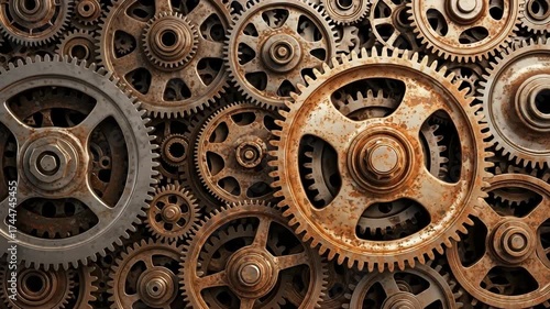 A captivating closeup of intricate, interlocking gears, showcasing the beauty of mechanical complexity and the timeless elegance of engineering design