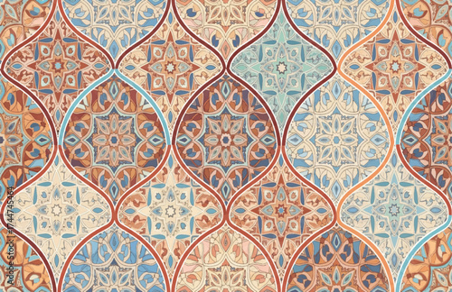 Vector art of intricate geometric pattern with arabesque motifs in warm colors