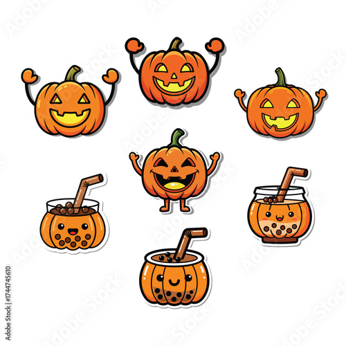 A cute collection of kawaii Halloween pumpkin characters and pumpkin-themed boba tea drinks, isolated on a white background.