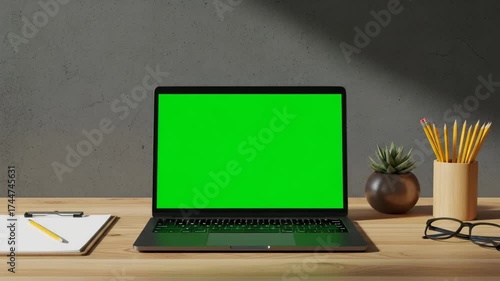A laptop with a green screen on a wooden desk, surrounded by office supplies and a plant, perfect for showcasing digital content