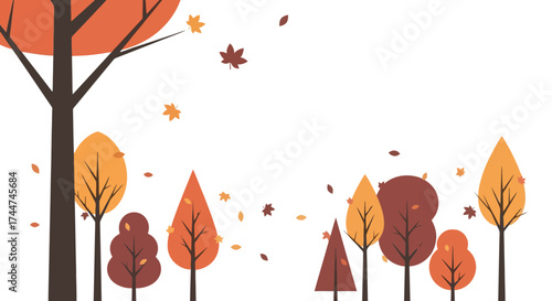 Autumn Forest Landscape with Colorful Trees and Falling Leaves, Perfect for Seasonal Greetings, Website Headers, and Educational Material Backgrounds.