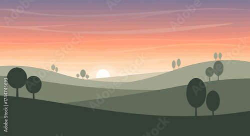 Serene Landscape Illustration Depicting Rolling Hills, Trees, and a Pastel Sunset, Ideal for Website Backgrounds, Book Covers, or Inspirational Wall Art.