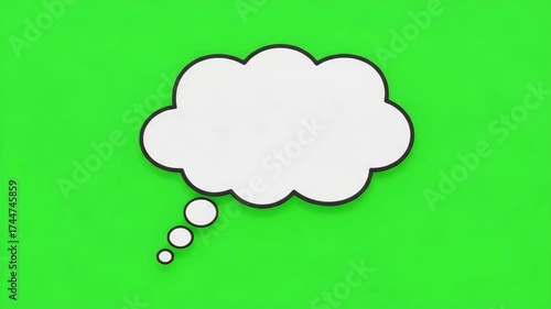 A white thought bubble with a black outline hovers against a vibrant green backdrop, creating a simple yet eyecatching visual element
