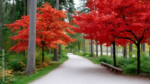 Park path winding through vivid autumn trees and foliage