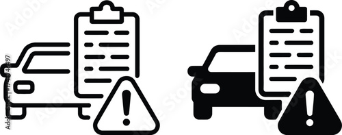 Vehicle Inspection Report with Warning Icon Set. Automotive Problem, Breakdown, Accident, or Maintenance Document Symbols. Car Service, Safety, and Risk Information Concept.