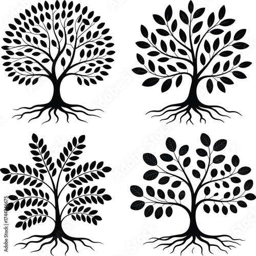 Four Stylized Black Silhouette Trees with Detailed Root Systems Keywords: tree, silhouette, black